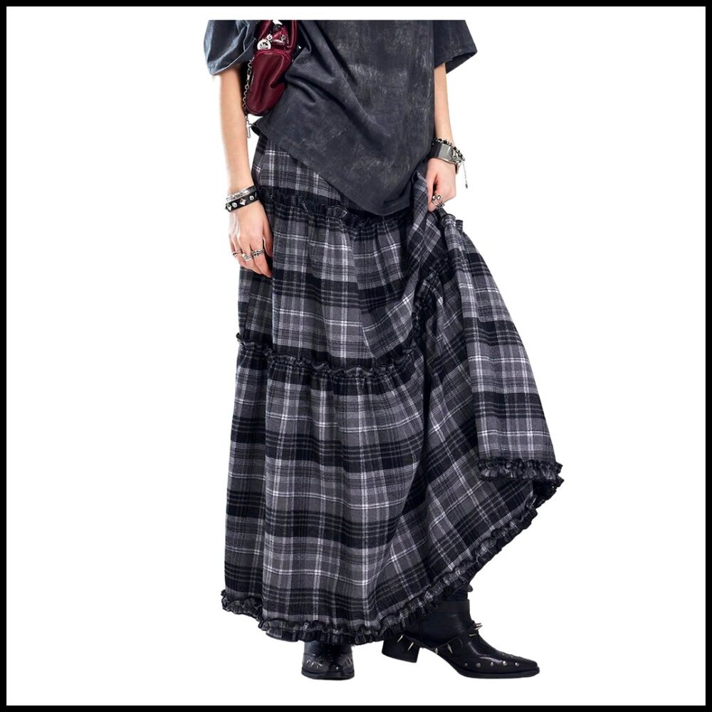 Grunge Gingham Plaid Tiered Maxi Skirt Vintage Ruffle A-Line Long
